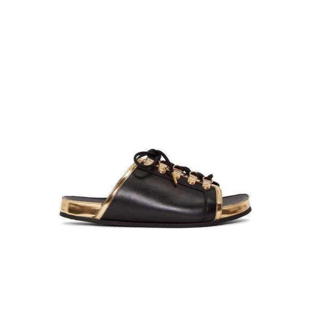 Balmain - Black Gold Lace up Sliders Men Leather Sandals - IT 41